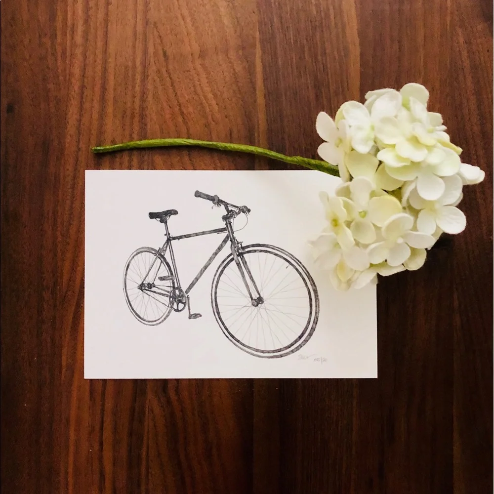 Giclee Bike Art Prints: Blue Tonal Watercolor & Graphite